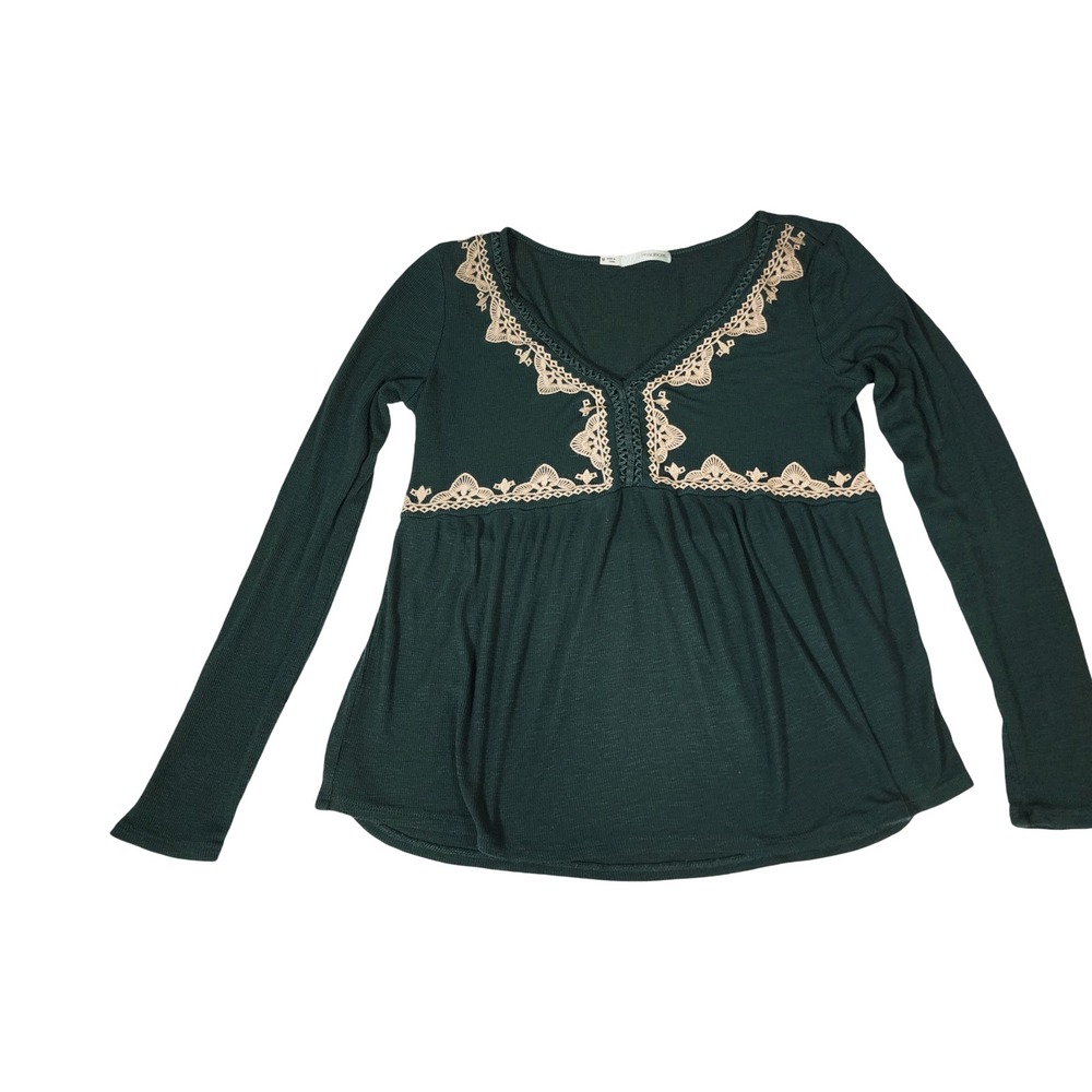 Maurices Womens Forest Green Ribbed Babydoll Top Long Sleeve Crochet Lace M - Picture 1 of 9